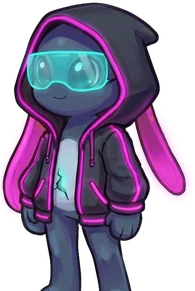 Oibii in a dark hoodie, with glowing pink ears