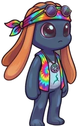 Oibii in a rainbow bandana and tie-dye vest
