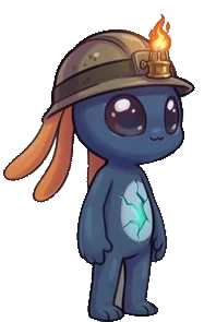 Oibii in a miner's helmet with a little flame lamp