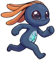Oibii, a small blue alien with long orange ears, running